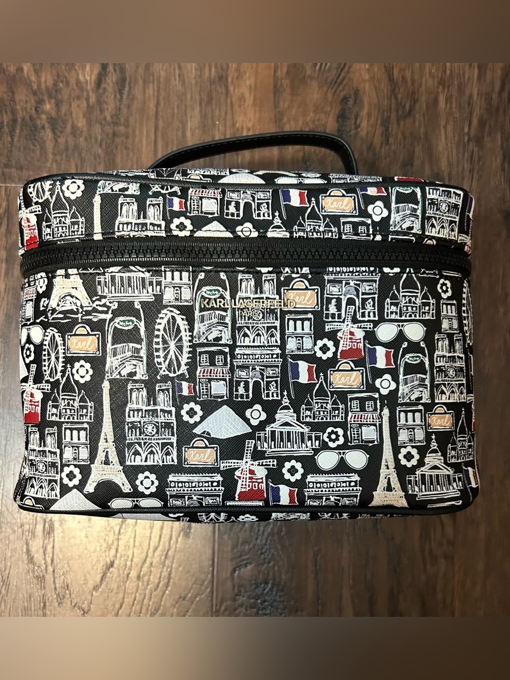 Karl Lagerfeld Black Paris Landmark Print Cosmetic Case with Multicolor Accents